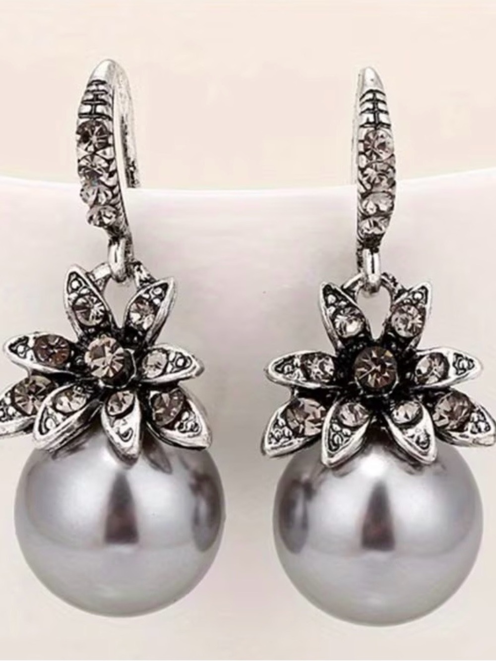 Silver Floral Crystal Drop Earrings with Gray Pearl Drops